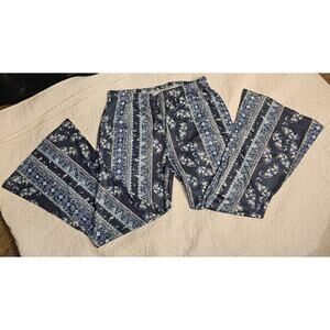 Blue & White Boho Festival Hippie Flare Pants Retro Stripe & Floral Print Sz XXL
